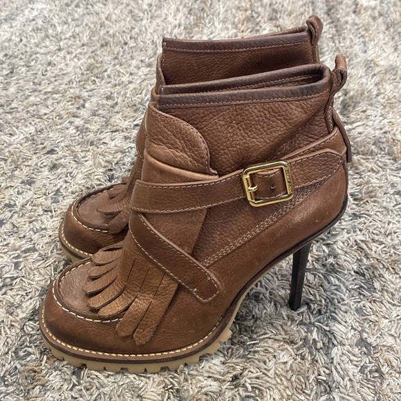 Tory Burch pebble Brown Leather Fringe Ankle heel Boots sz 10 - Picture 3 of 11